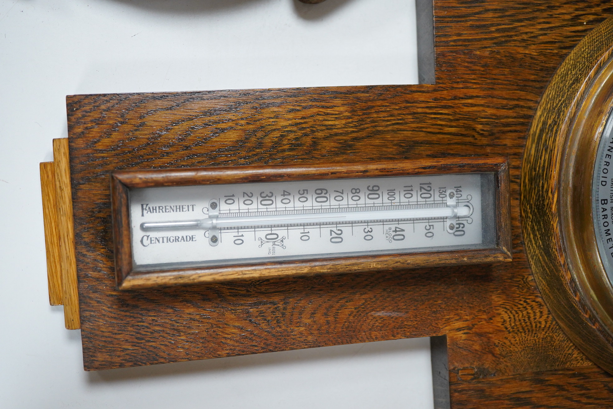 Victorian oak aneroid barometer/thermometer and Deco barometer